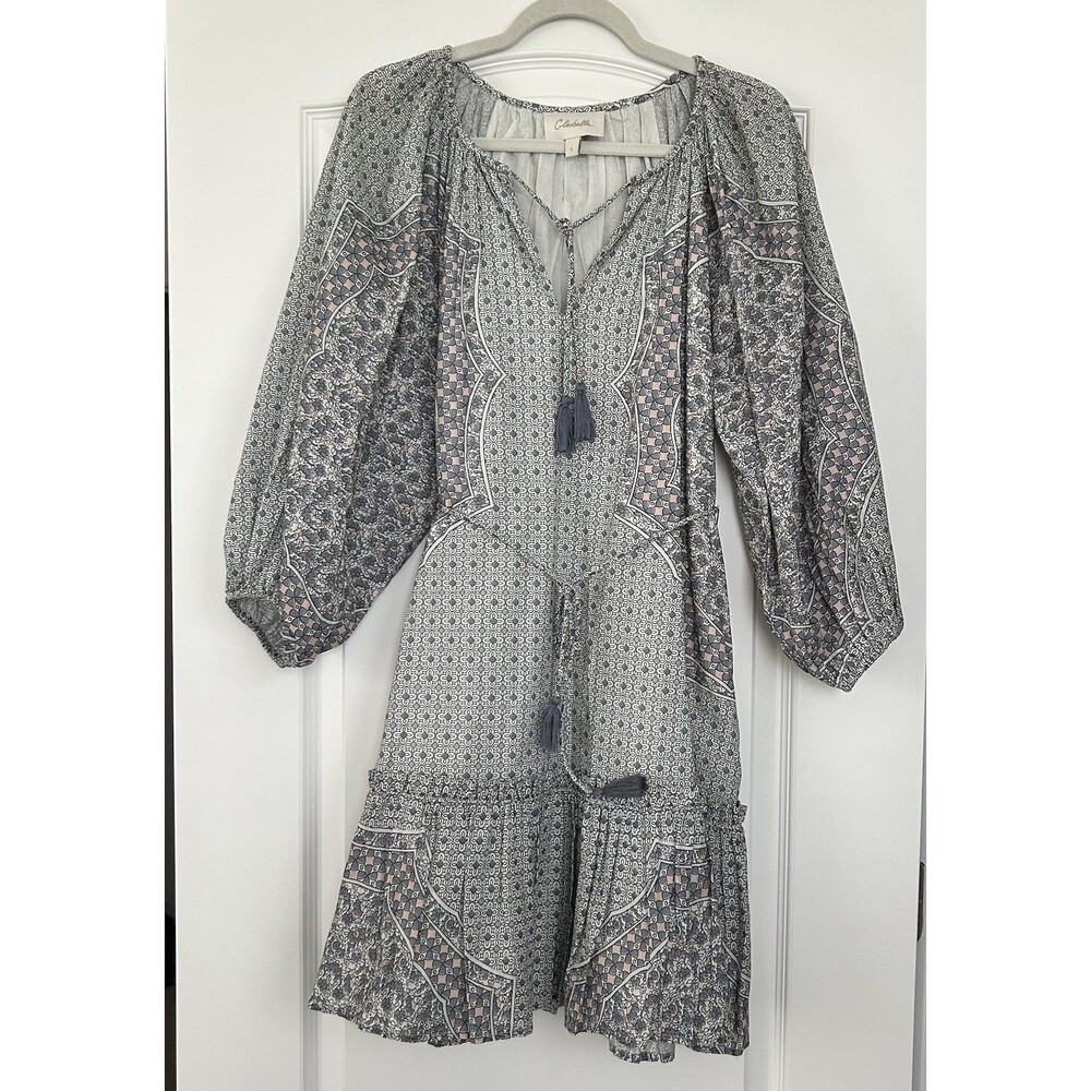 Cleobella Mini Dress Sz L Blue Gray Ruffle Organic Cotton Coquette Boho Romantic